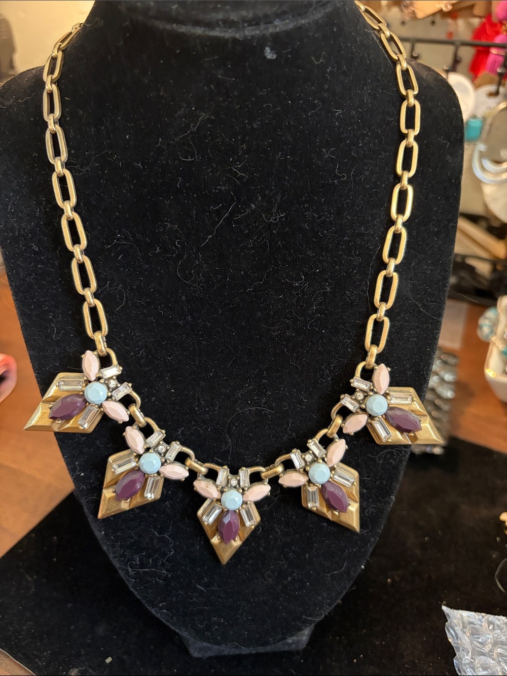 J Crew Gold Statement Necklace with Pink and Purple Accents